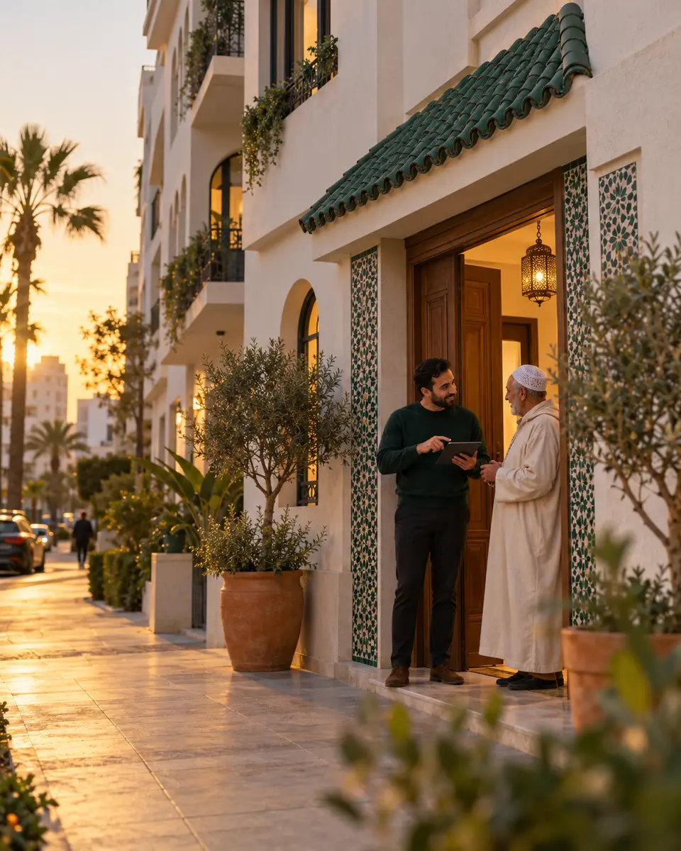 سنديك يحمل لوحة إلكترونية يتحدث مع ساكن مسن أمام مدخل عمارة في الدار البيضاء عند الغروب